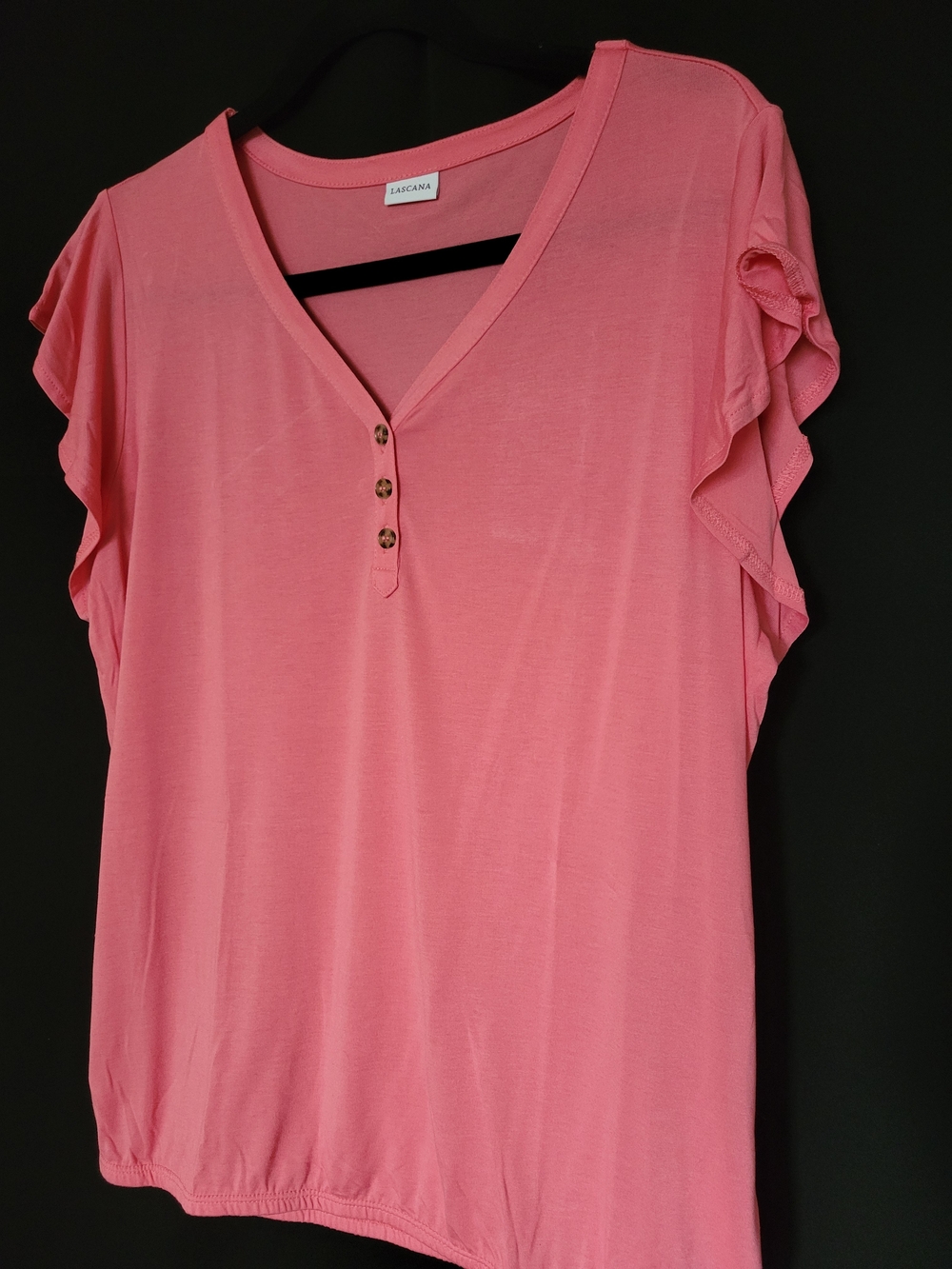 Lascana Pink V-Neck Ruffle Sleeve Henley Tee